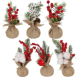 6 Pcs Mini Christmas Tree Table Decorations, 8" Small Artificial Trees with Red Berries Pine Cone Greenery Tabletop Centerpiece for Home Office Room Holiday Decorations