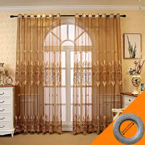 2pcs European Luxury Coffee Gold Heavy Embroidery Sheer Curtain, Living Room Arched Floor-To-Ceiling High Transparency Window Shade, Vintage Style Balcony Curtain