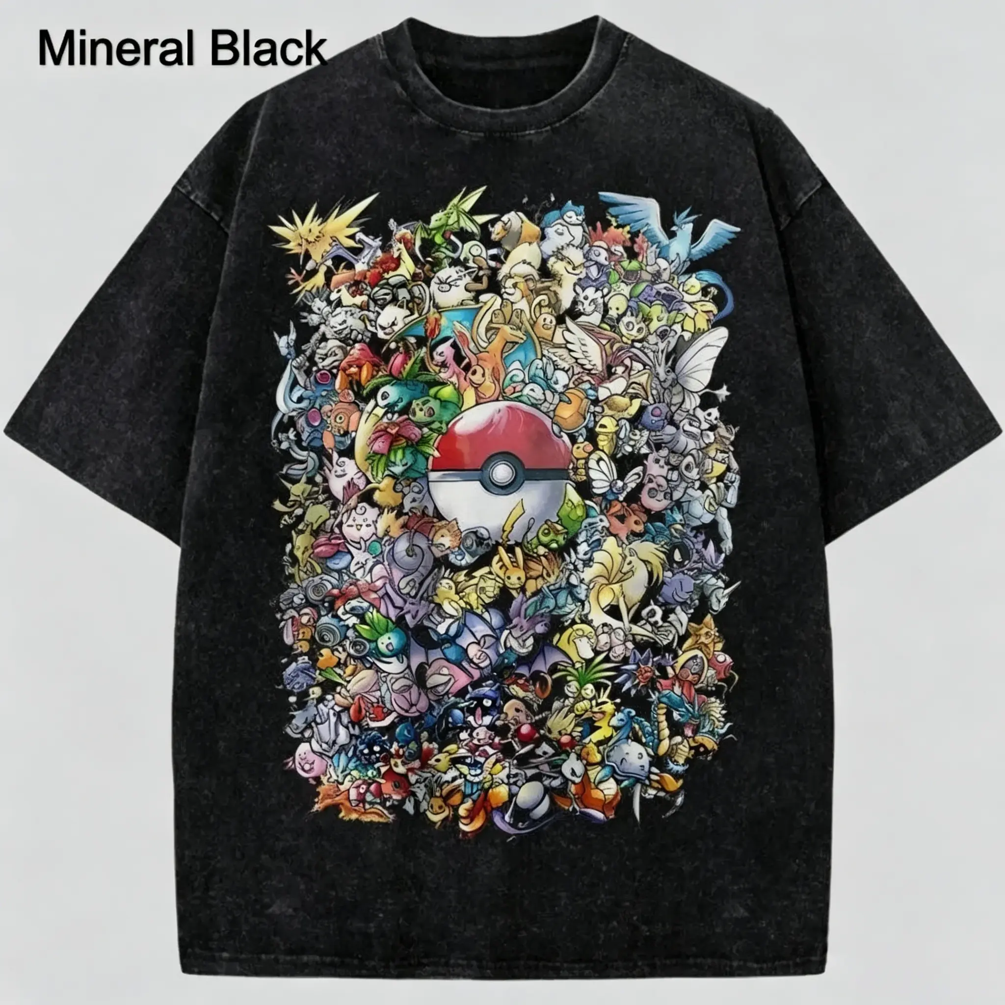 Pokebon Graphic T-Shirt, PKM Shirt, Anime Shirt, Vintage Tee-Vintage 90s Retro Manga Graphic Tee Japanese Gamer Monster T-Shirt Heavyweight Cotton Washed Mineral Black Y2K Aesthetic Crewneck Top Unisex