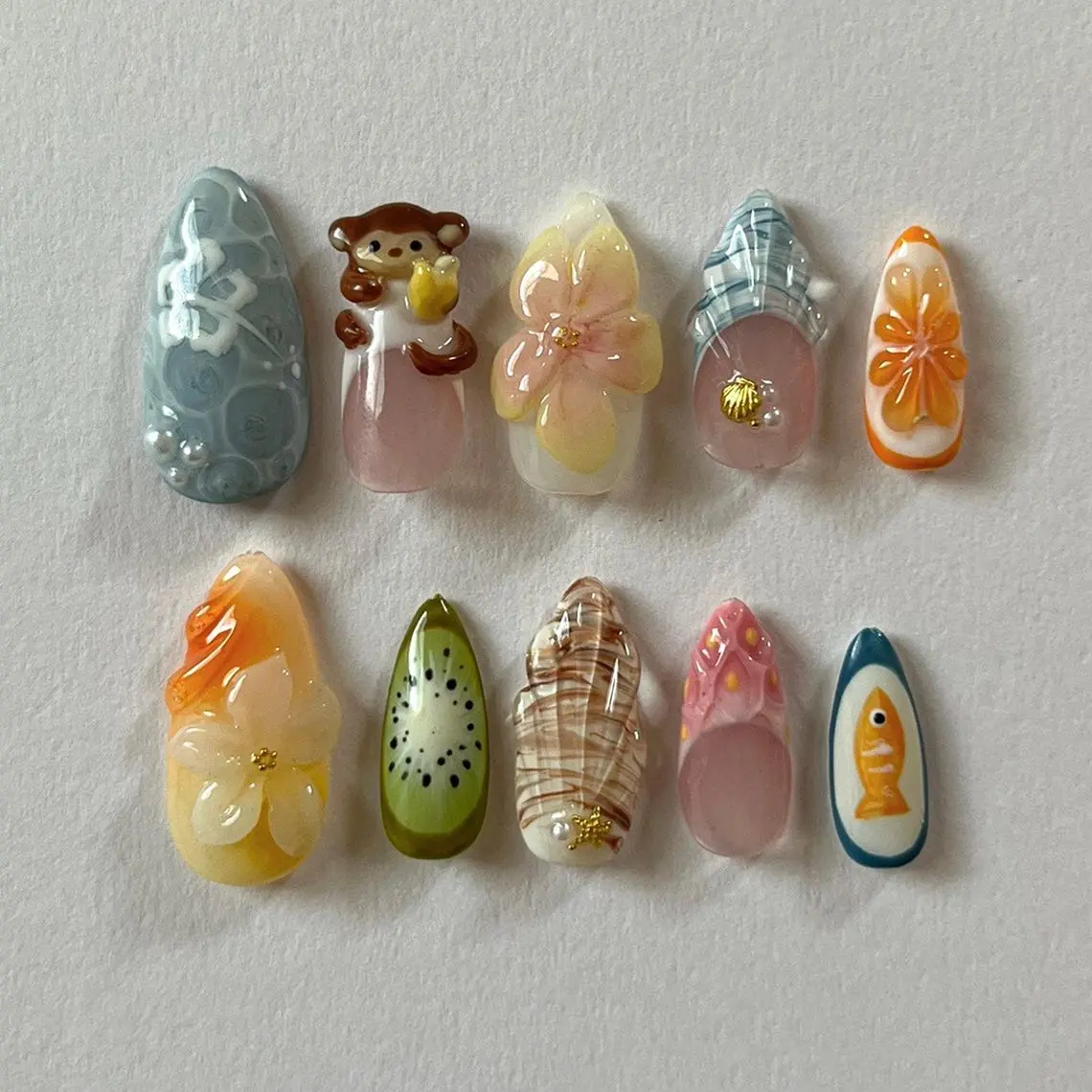 Kawaii Monkey Press On Nails, Handmade Beach Press On Nails, Playful Beach Nails, Cute Press Ons with Kiwi, Fish, Monkey, Vacation Nails