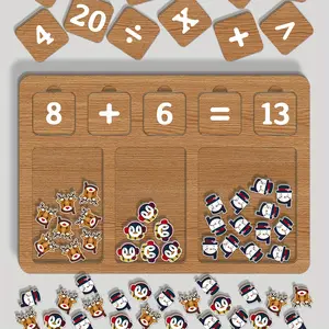 Christmas Theme Wooden Math Board Tray Set, Table Math Games, Learning Materials, Activities Learning Counting, Includes Wooden Base, Numbers 1 to 20, 40 Animal Pattern Shaped Wooden Blocks, Counting Tools, Easier to Learn Arithmetic