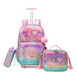 School Rolling Backpack for Girls Rolling Backpack Kids Trolley School Bag with Wheels Travel Backpacks Carry on Luggage for Girls with Lunch Box Pencil Case