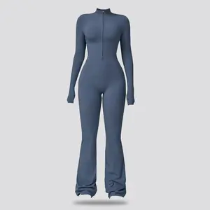 Women's Long Sleeve Flared Sports Jumpsuit - Zipper Jumpsuit, Wide Leg Bodysuit, Sexy One-Piece Yoga Jumpsuit, Fitness Activewear for the Gym, Pilates, Casual or Street Wear, Tennis Skirt with Shorts and Tie-Front Activewear sporty yoga set