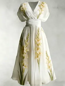 Floral Print V Neck Bubble Sleeve Dress, Elegant Summer Long Dress, Fitted Casual Dress for Women, Perfect for Daily Wear, Dates, Beach Vacations