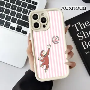 Curious George Pink Volleyball Pattern Case for iPhone 17 16 E Pro Max 15 Plus 14 13 12 11 XS XR Soft TPU Bumper Drop Protection Durable Back Cover
