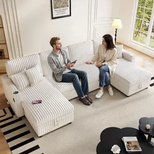 110.6" U-Shaped Sectional Sleeper Sofa, 2 in 1 Pullout Couch Bed with 6 Seats, Modern White Corduroy Couch Bed with Double Storage Chaise, USB/Type-C Ports & Hidden Desktop, Comfy Modular Couch for Living Room, White