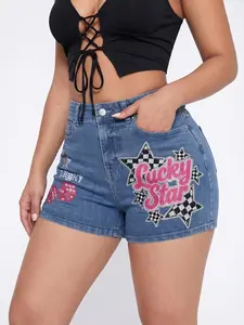 Jeanius Women’s High Waisted Stretch Denim Shorts, Light Wash Lucky Star & Dice Print High Elastic Jean Shorts for Y2K Summer Party Outfits outdoorfun