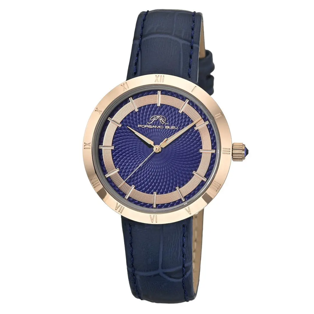 PORSAMO BLEU Monroe Women's Classic Analog Watch with Blue Guilloché Dial & Sapphire Crystal, 36mm Rose Tone Stainless Steel Case, Genuine Leather Strap, Luminescent Hands, Batteries, Blue, Rose, Buckle, Sapphire Glass, 36Mm Watch