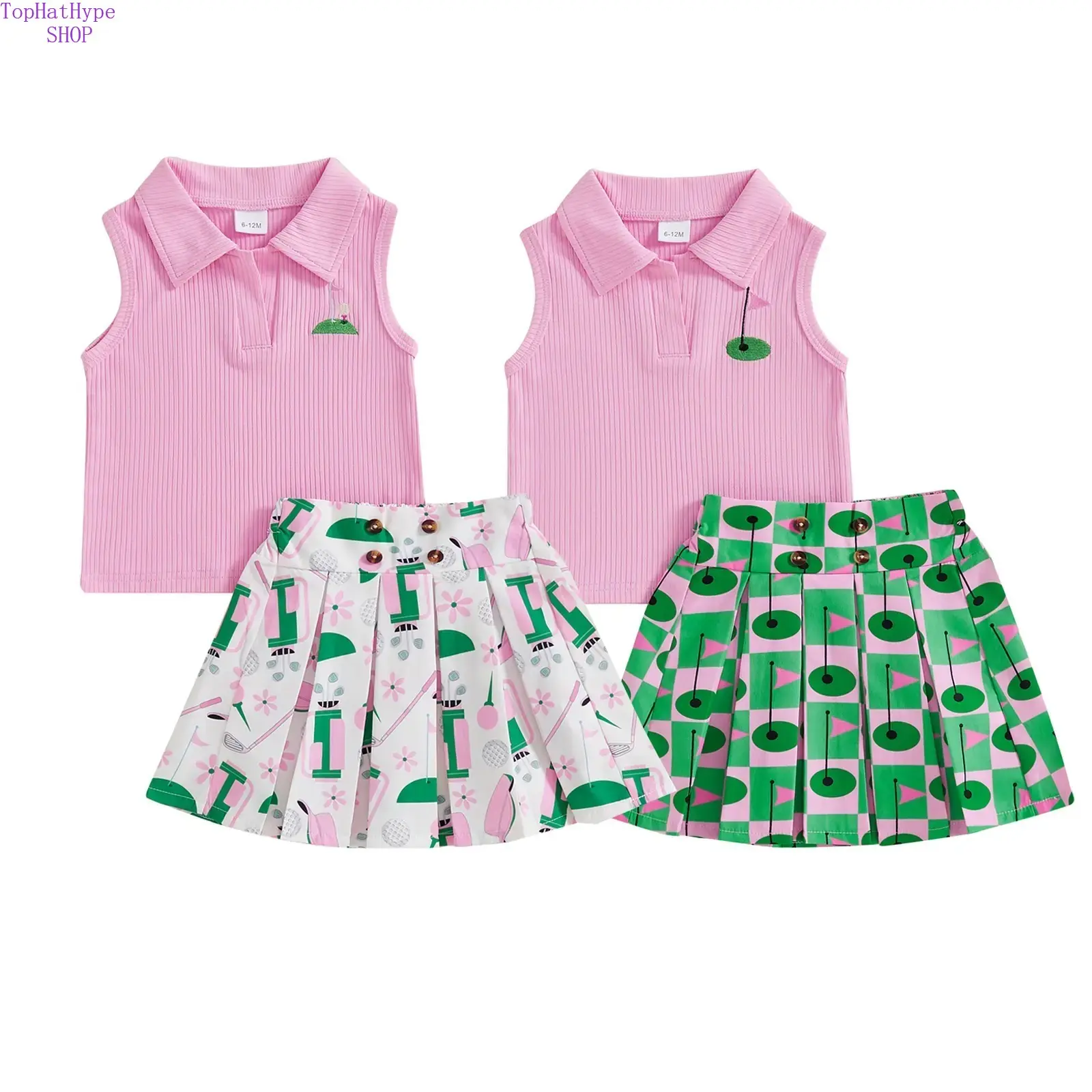Toddler Baby Girl Golf Themed 2‑Piece Outfit, Hole‑in‑One Embroidered Sleeveless Polo Tank Top & Pleated Mini Skirt, Soft Lightweight Summer Golf Dress Set for Daily Wear, Golf Outings, Playdates & Casual Summer Occasions