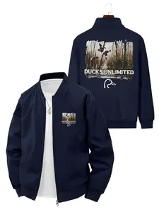 Casual Outdoor Commuting Men's Jacket with Duck Group Pattern Print for Daily Activities and Hunting Themed Styling