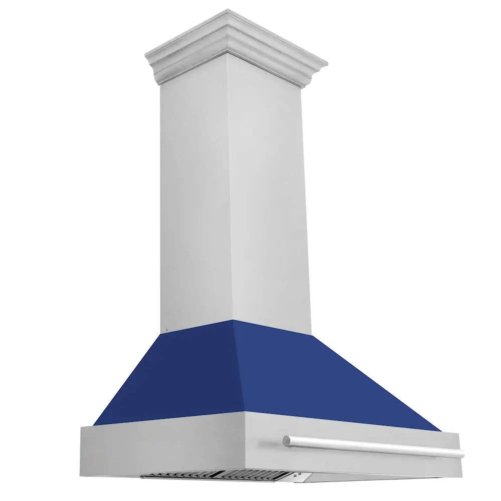 ZLINE 36 in. Satin Stainless Steel Wall Mount Range Hood with Blue Matte Shell and Stainless Steel Handle (8654SNX-BM-36)