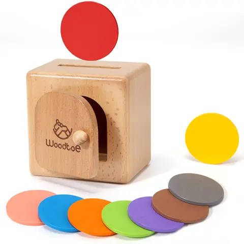 Woodtoe Montessori Coin Box - BPA-Free Natural Object Permanence Toy with 9 Coins, Sorting Stacking & Plugging Toy for 2-3 Years Toddlers, Small Door Design, Color Recognition & Fine Motor Skills Gift, Toddler Christmas Gift
