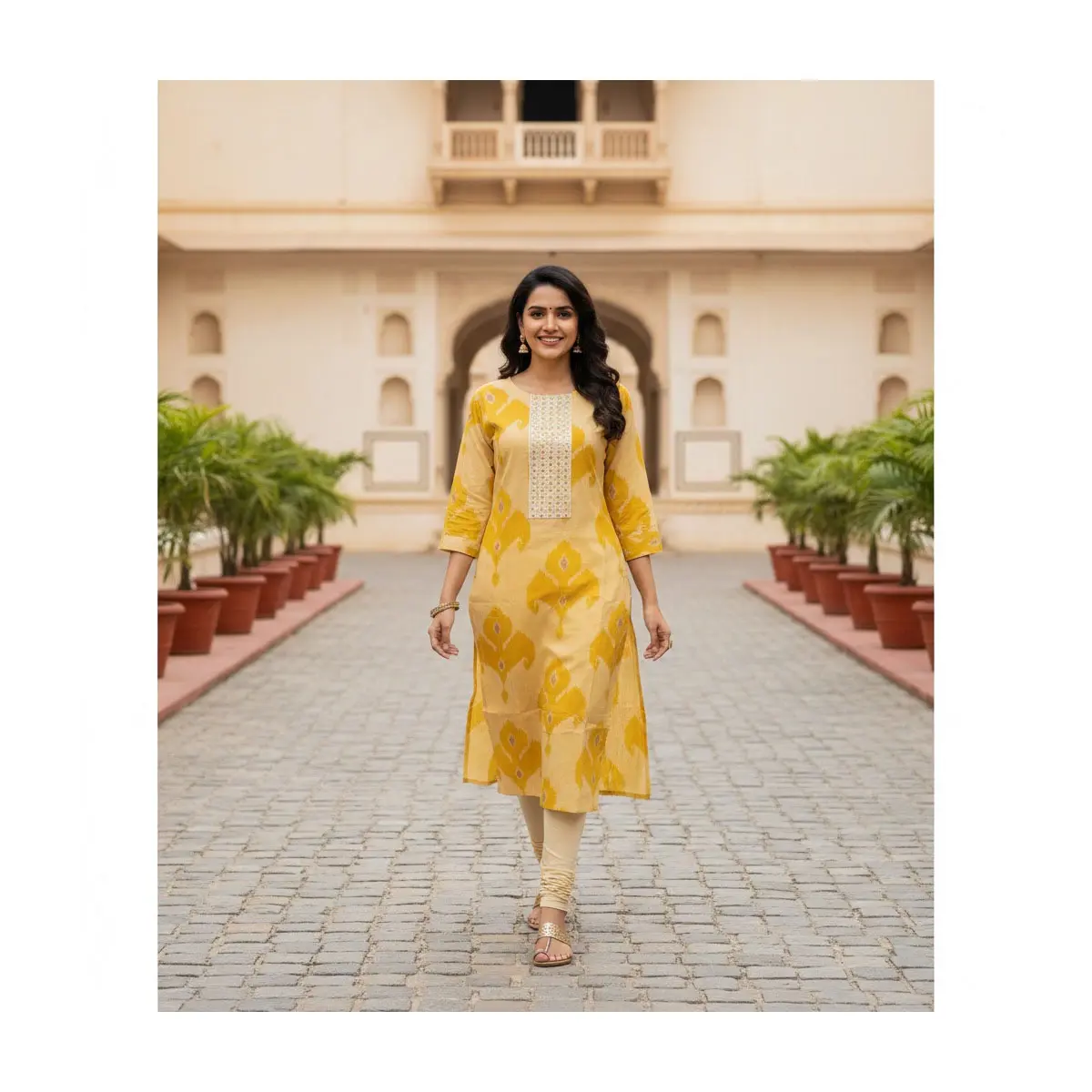 Mustard Ikat Kurta with Mirrorwork Front Panel 3/4 Sleeves Top-42 Sizes L 1/2XL Traditional Modern Fashion for Autumn