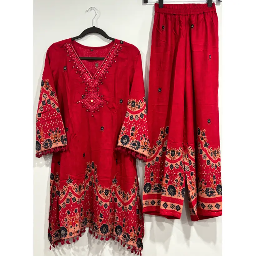 Red Mirror Work Kurta Palazzo Set — Festive Indian Fusion Co-ord'