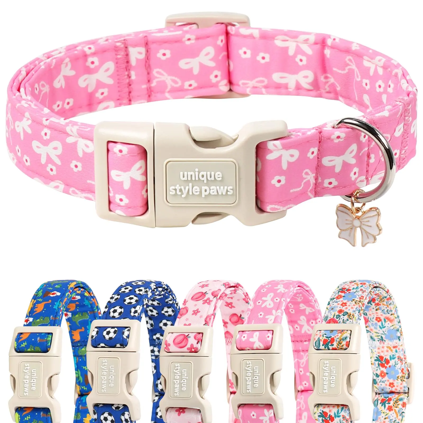 Unique Style Paws Pink Bow Dog Collar with Quick-Release Buckle and Pendant for Small Medium Large Dogs - Adjustable Puppy Collar for Girl Boy Dogs