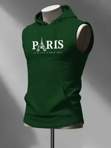 Men's Fashion Hooded Vest, Paris Eiffel Tower Creative Letter Print, Fitted Graphic Design, Sporty Style, All Seasons Gift