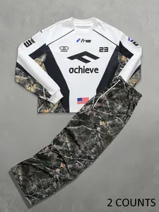 Unisex Streetwear Casual Set, Letter Print Long Sleeve Hoodie Sweatshirt & Camo Pants Two-Piece, Fall&winter Loose-Fit