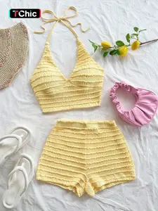 Women's Beach Vacation Style Ruched Halter Set, Tie-Back Short Top + High-Waisted Shorts, 2-Piece for Summer