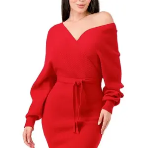Red Off-the-Shoulder Dress in 48% Rayon 28% Polyester 24% Nylon Fabric for Women's Wear