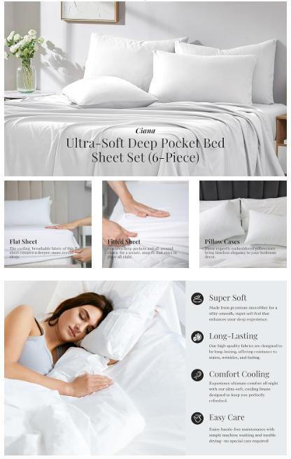 6-Piece Deep Pocket Bedding Set, Fitted and Flat Sheet, Hypoallergenic, Elastic All Around, Multiple Colors and Patterns - 100% Microfiber Brushed Weave Machine Washable