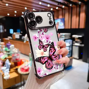 Minimalist Pink Butterfly Pattern Premium Electroplated Four-corner Anti-fall Mobile Phone Case Suitable for iPhone 17 Pro Max 17Air 16 Plus 15 14 13 12 11 Mobile Phone Protective Cover Anti-fall Protection Shell Printed Pattern Soft Protective Case