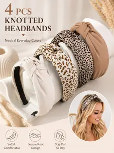 4PCS Knotted Fashion Hairbands and Hair Hoops, Non-Slip Top Knot Headbands with Leopard Print for Women, Hair Accessories Set, Good elasticity, lightweight and durable, for washing face, makeup, reading,  shopping, parties, birthday, dating and weddings
