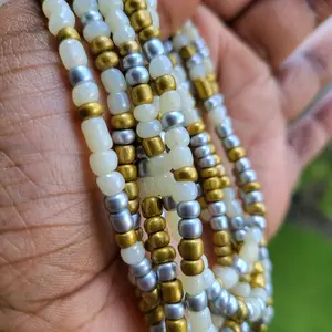 Mix 60 Inch Tie On Waistbeads - White and Gold Bead Design as Shown