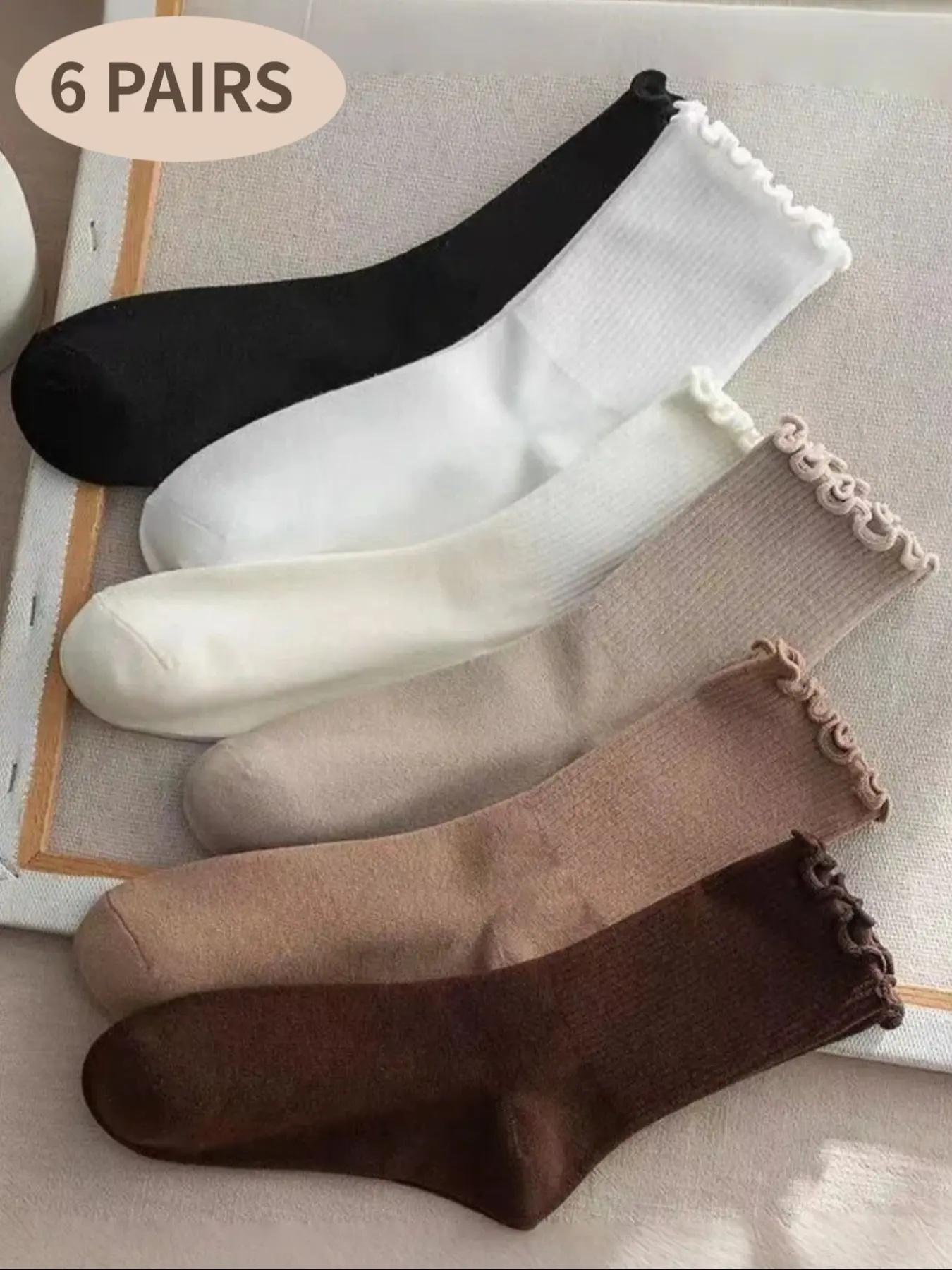 6 pairs of ladies' simple and cute Fitted Casual lace rolled-edge Knitted socks, Japanese fashion design with mushroom edge details, soft and comfortable, stylish and versatile mid-calf socks suitable for daily wear