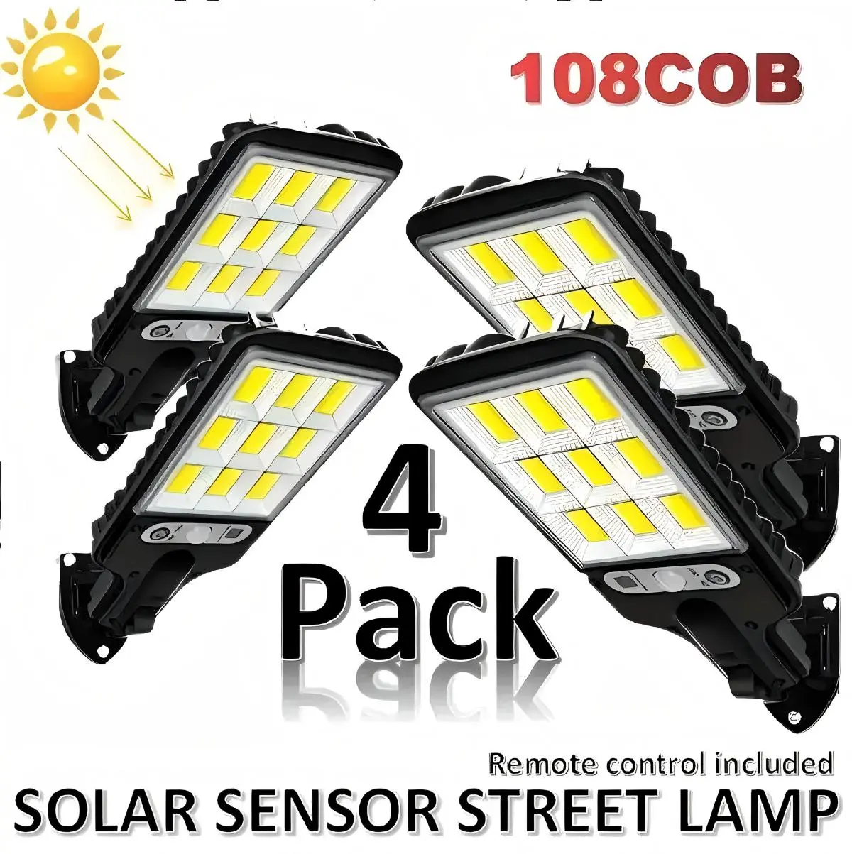 Solar Patio Lights Outdoor, 4-Pack 6000 Lumens 108COB LED Solar-Powered Motion Sensor Wall Lamp - IP65 Water Resistant, Remote Control, Durable Wireless Security Fixture for Garden, Wireless Installs in Minutes