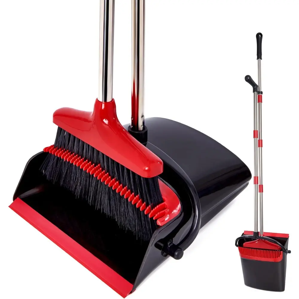 Dust Removal Brooms & Dustpan Set (1-Pack, Black & Red) - 55.3 In Adjustable Stainless Steel Long Handle, Stand-Up Design, Anti-Rubbish Falling, Quick Hair Cleaning for Adults, Office, Home Use