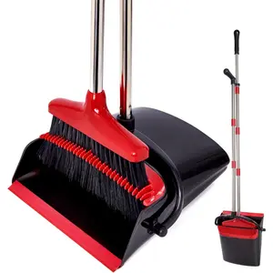 Broom and Dustpan Set with Long Handle, Light Weight Stainless Steel Poles Stand Upright Dustpans with Broom Combo For Home,Kitchen,Office,Pet Dog Hair, Black & Red Color, 1-Pack