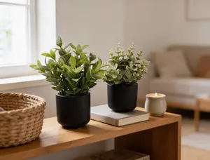 Set of 2 Black Ceramic Mini Planters with Faux Greenery