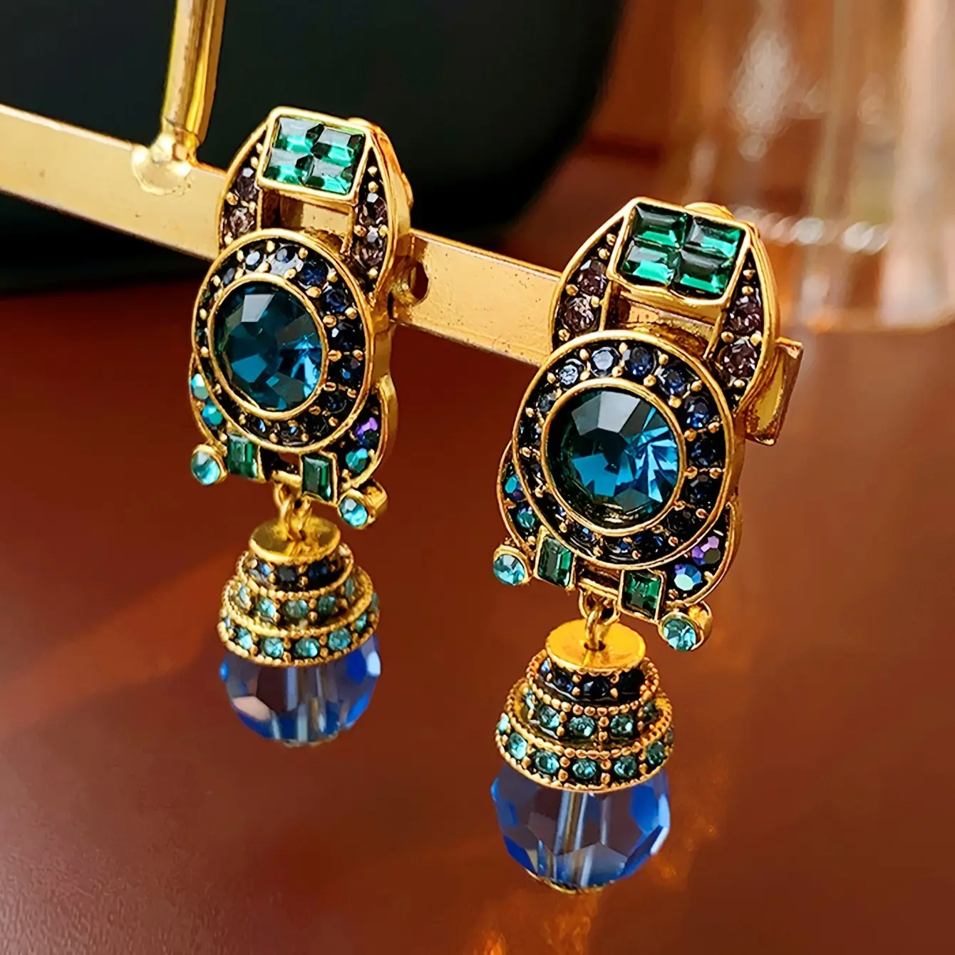 Women's Vintage Dangle Earrings, Colorful Gemstone Gold-Tone Plated Alloy Jewelry, Fashionable Accessory Gift