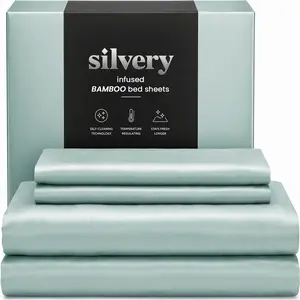Muxhomo Silvery Silver Infused Babmoo Bed Sheets Set - Breathable& Cooling Bamboo Sheets,Extra Deep Pocket, Hotel Luxury Bedding Set Fit For Hot Sleepers And Sweats,Ultra-Soft Temperature-Regulating Fabric，Stays Fresh 3X Longer for Luxury Sleep