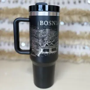 Bosnia Cup 40oz Stainless Steel Tumbler with Handle & Straw Laser-Engraved Sarajevo Gift for Him Her Double Wall Insulated Flask