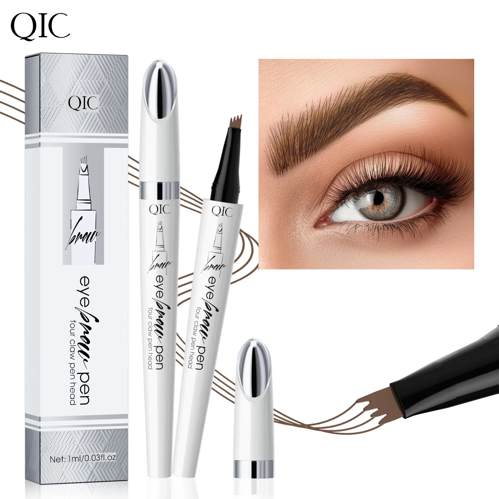 Cross-Border Makeup QIC Ceramic White Four-Claw Liquid Eyebrow Pencil Waterproof Smudge-Proof Natural Wild Eyebrow Four-Pronged Eyebrow Pencil