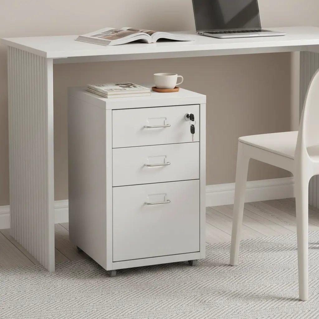 Modern White 3-Drawer Cold Rolled Steel Chest File Cabinet with Lock, Wheels - Requires Assembly for Office, Study Storage