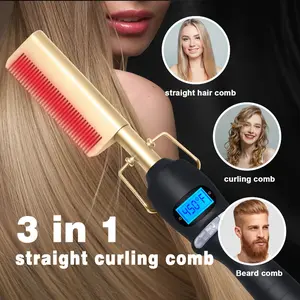 Hot Comb Hair Straightener, 3 in 1 Ceramic Comb Safe Portable Curling Iron Heated Brush, Fake Electricity Heated Comb, Beard, Portable Anti-burn Curling Ceramic Straightening Pressing Comb, Suitable for Home and Travel, Holiday Gift