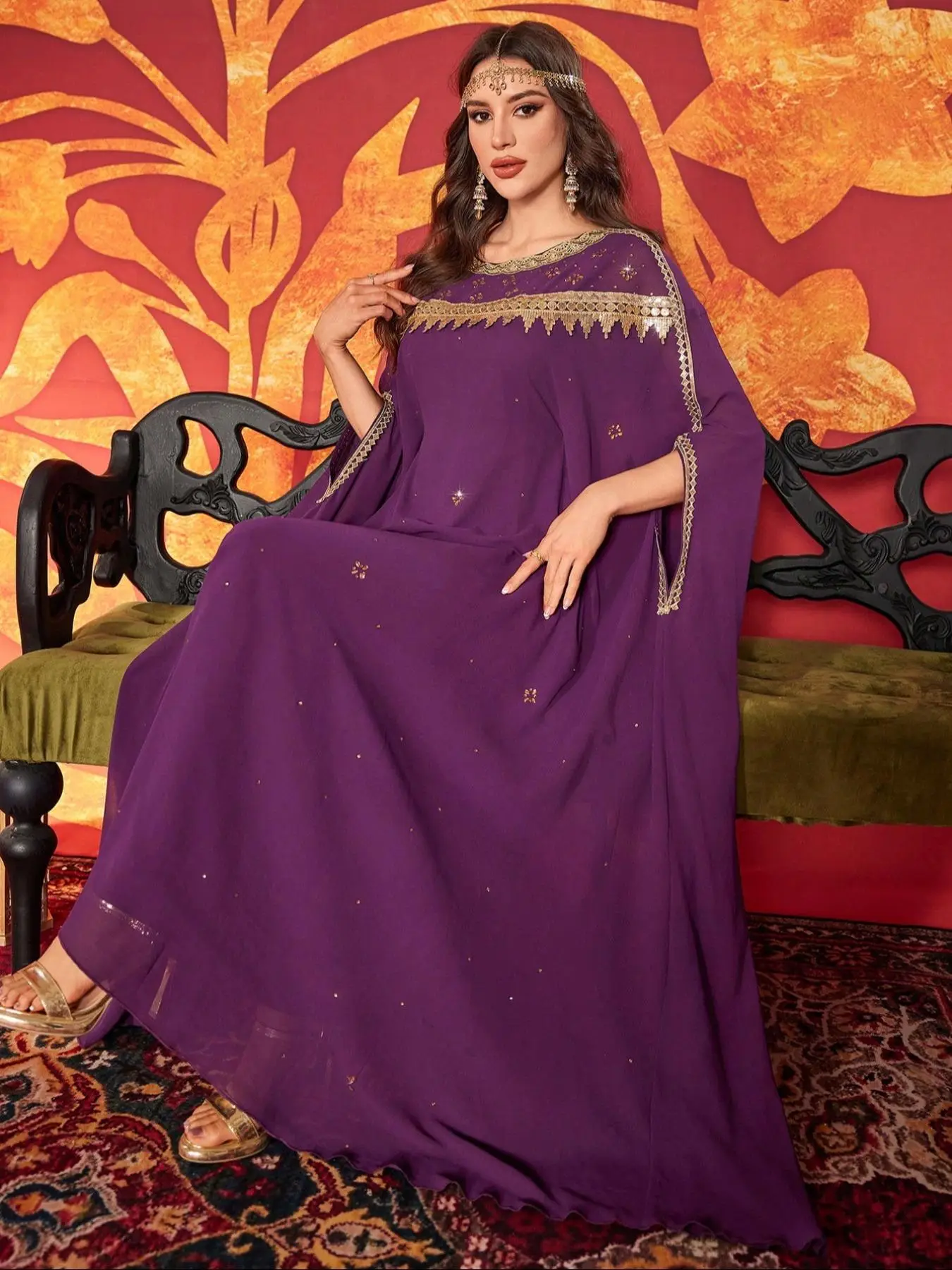 Women's Patchwork Rhinestones Sequins Decor Round Neck Arabian Dress, Modest Long Sleeve Maxi Muslim Dress for Party Daily Wear, Ladies Islamic Clothi