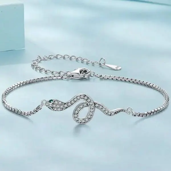 Platinum 925 Sterling Silver Green Eyed Zirconia Snake Pendant Bracelet - 8"