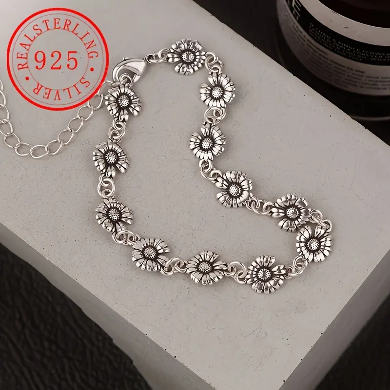 Women's 925 Sterling Silver Sunflower Bracelet - Platinum-Plated Vintage Boho Female Jewelry with October Stone, Ideal Gift for Daily & Wedding Wear