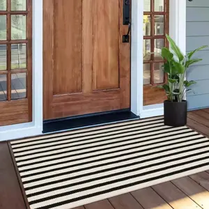Machine Washable Welcome Mat - Black & White Striped Polyester Fiber Doormat for Indoor/Outdoor Use, Suitable for Entryway, Kitchen, Balcony, Garden & Multi-Room Decor, Decorative Rug