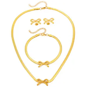 High-end Stainless Steel Jewelry Set Necklace Bracelet Earrings with Bow Design Simple Versatile Gold Tone