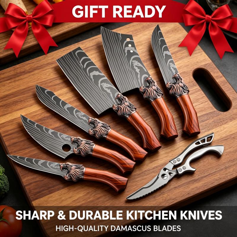 Professional 6-Piece/7-Piece Stainless Steel Kitchen Set - Laser Pattern Blades, Bone Lift & Slice, Carving, Butcher, Fish Functions, Scissors - Super Sharp, Chef-Favored Gift Ready Option