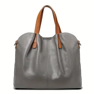 Commuting genuine leather high-end large-capacity tote bag, contrasting color top-grain cowhide women's niche crossbody handbag