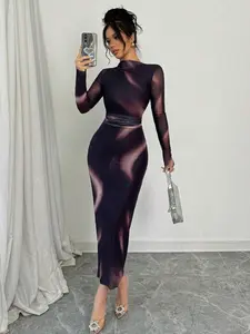 Women's Elegant Leopard Print Long Sleeve Mesh Ruched Tight Dress, Stylish Summer Fashion, Perfect for Formal Parties and Casual Wear, Womenswear