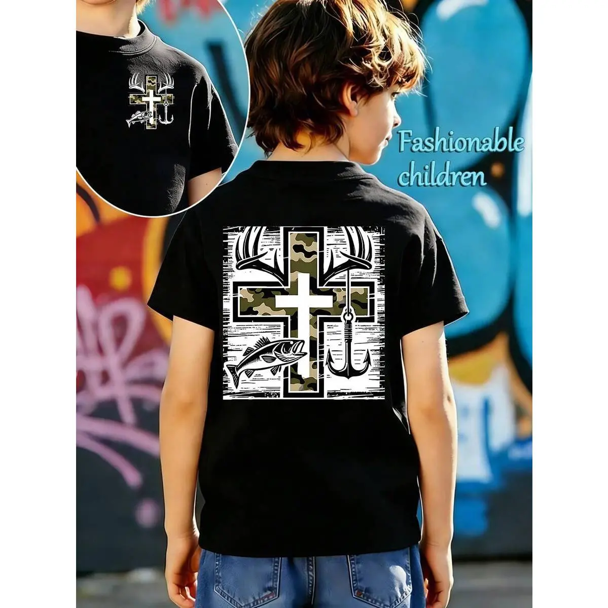 Spring & Summer Boys' Outdoor-Style Double-Print T-Shirt (Front & Back Print: Camouflage Cross + Antlers + Fish Hook + Fish Elements), Boys & Girls' Short-Sleeve Top For Daily Wear, Outdoor Trips & Parent-Child Gatherings