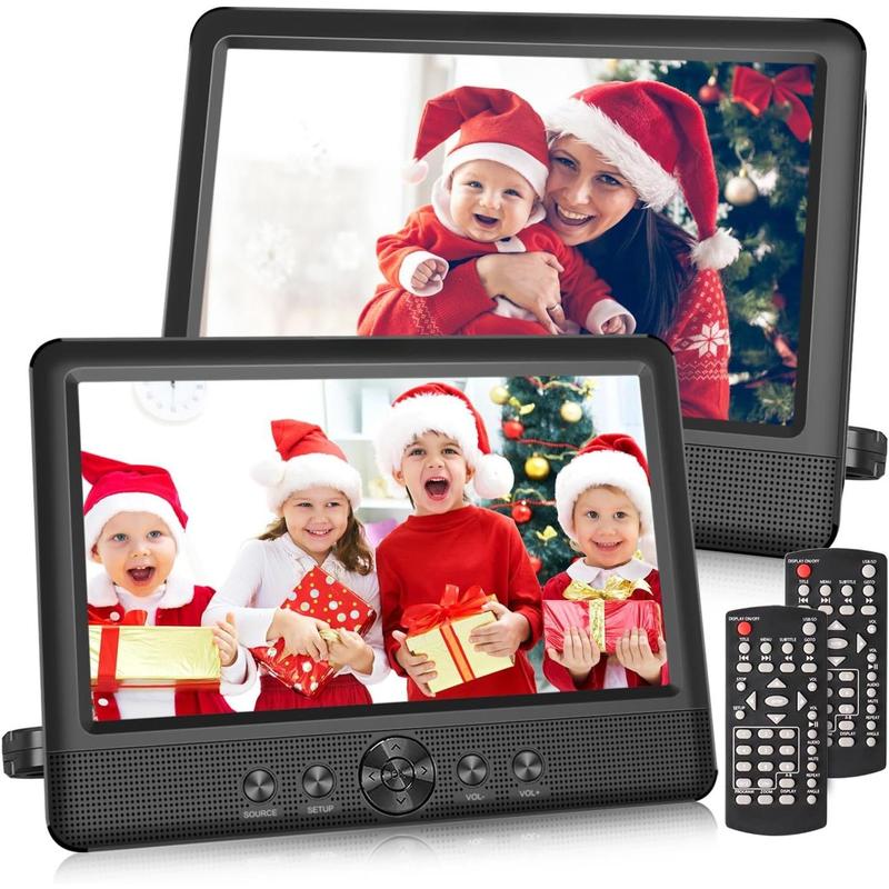 10.5" Two  DVD Players Portable Dual Screen Headrest Video Player, Play a Same or Two Different Movies with 5-Hour Rechargeable ,2 AC Adapters,2 Mounting Brackets,Support USB/SD Card