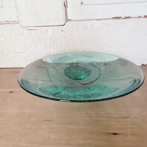 Vintage Blown Art Glass Bowl, Green Bubble Glass Dish, MCM Decor