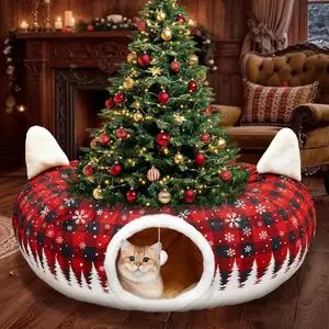 Cat Tunnel Christmas Tree Skirt, 3ft x 3ft x 9.8in Cat Tunnels for Indoor Cats, Buffalo Plaid Peekaboo Cat Tunnel Bed with Hanging Ball, Kitten Toys for Indoor Kittens Puppy Rabbit Ferret